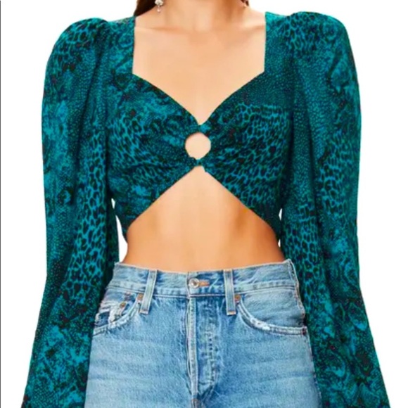 AFRM Teal and Black Snake Print Long Puff Sleeve Crop Top Size Medium - Picture 1 of 5